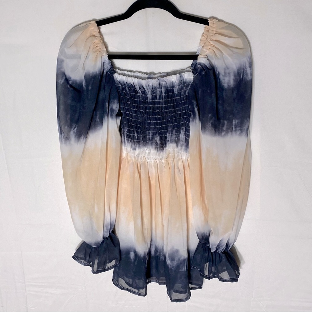 5/$25 Black Peach Tie Dye Puff Sleeve Smocked Bodice Off Shoulder Flowy Blouse S
